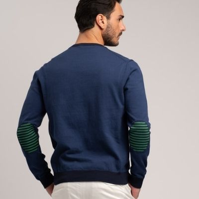 Girocollo uomo in cotone con toppe rigate a contrasto a tre colori